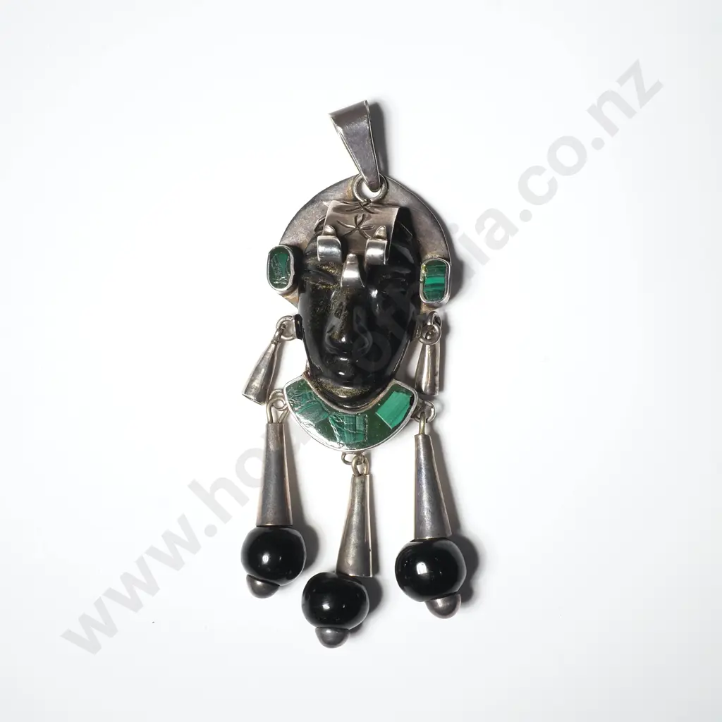 Impressive Mexican Onyx & Malachite Sterling Silver Pendant Image 1++