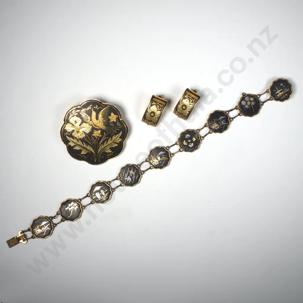 Japanese Damascene Bracelet w 24k Gold & Silver Inlay, Together w a Brooch & Earrings Image 1++