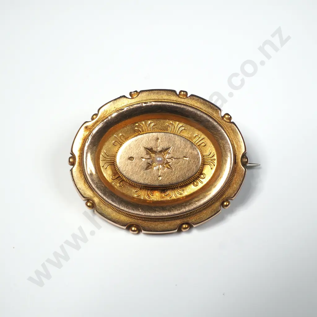 Oval Gold Tone  Brooch w Star Burst  set  w Seed Pearl & Verso w  Glass Frame for Lock of Hair Image 1++