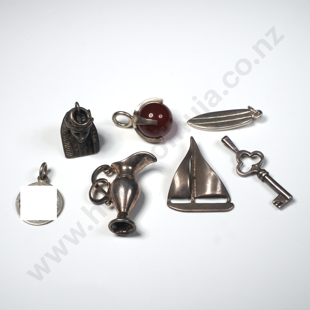 Seven Sterling Silver Charms Including Yacht, Key, Surf Board  Image 1++