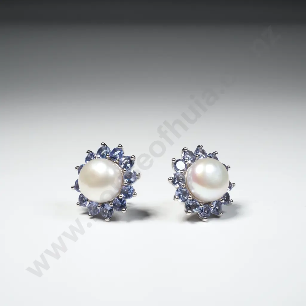 Sterling Silver Tanzanite & Pearl Stud Earrings Image 1++