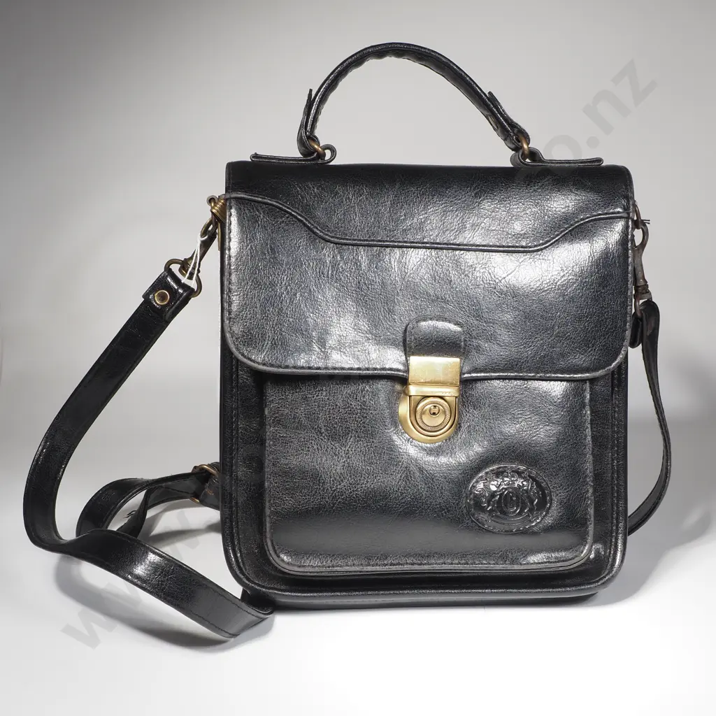 Vintage Black Leather Satchel/Bag w Central Brass Push Lock Mechanism w Detachable Crossbody Sling Straps Image 1++