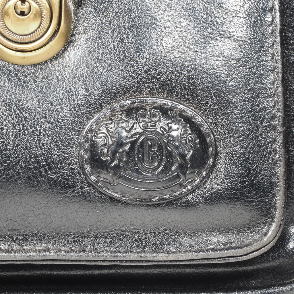 Vintage Black Leather Satchel/Bag w Central Brass Push Lock Mechanism w Detachable Crossbody Sling Straps Image 1++