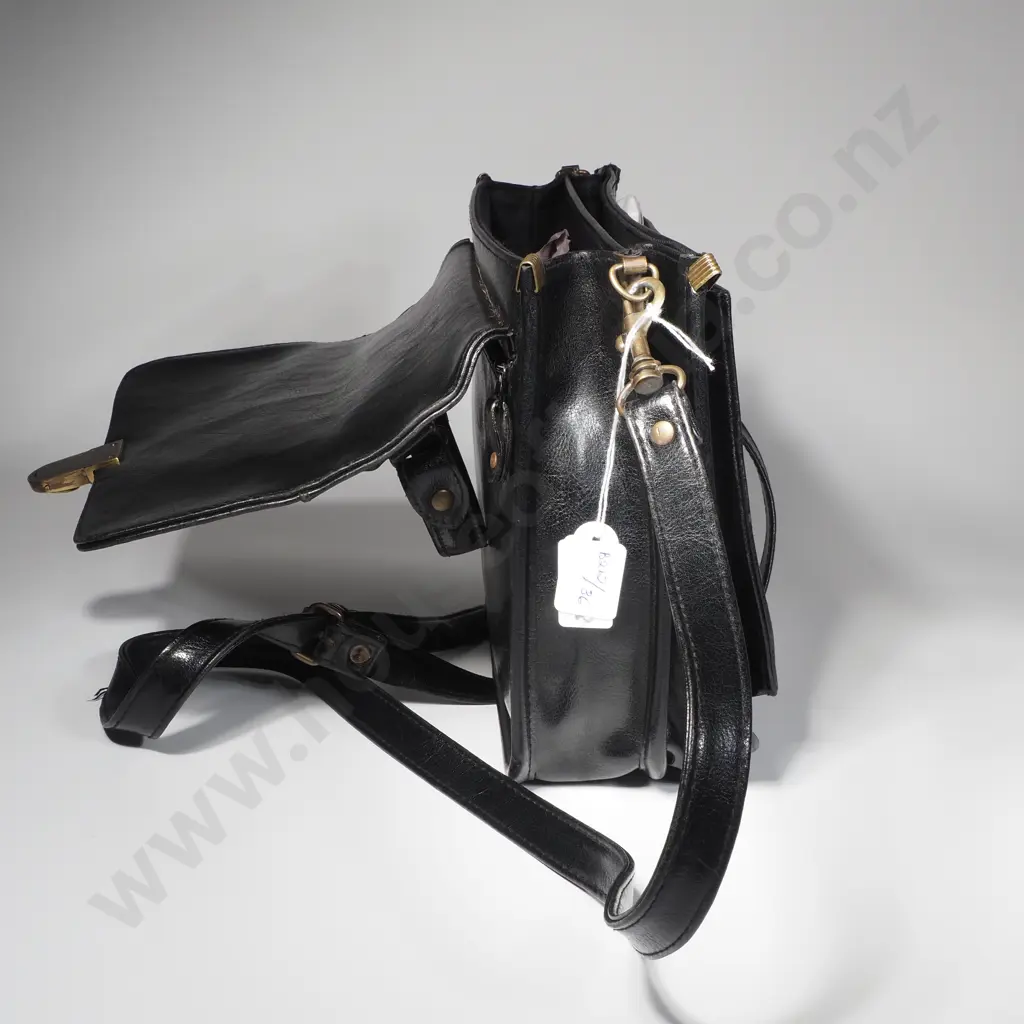 Vintage Black Leather Satchel/Bag w Central Brass Push Lock Mechanism w Detachable Crossbody Sling Straps Image 1++