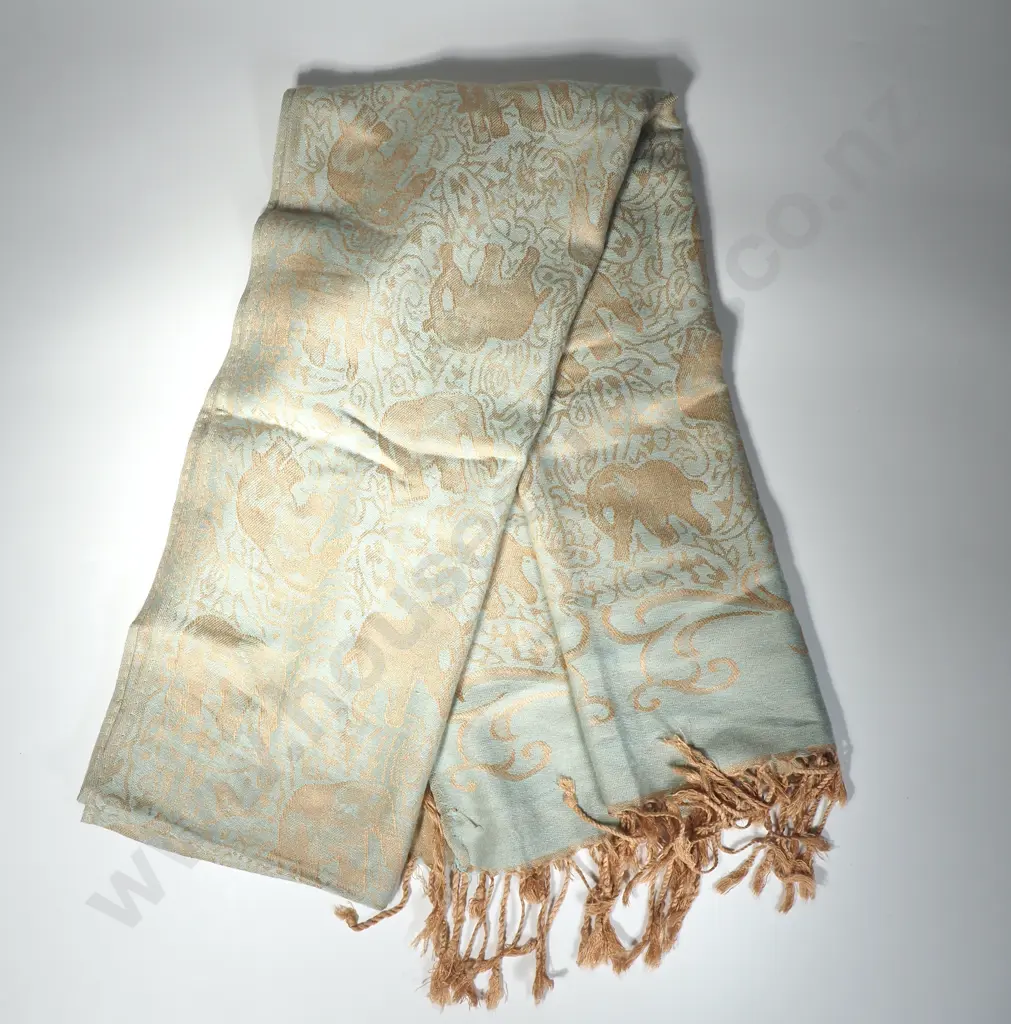 Teal & Gold Pashmina Scarf w Decorative Elephant Pattern, 100% Pashmina Image 1++