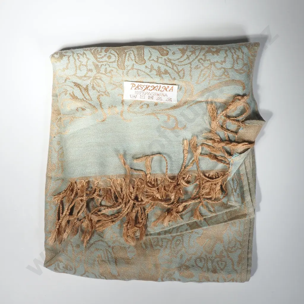 Teal & Gold Pashmina Scarf w Decorative Elephant Pattern, 100% Pashmina Image 1++