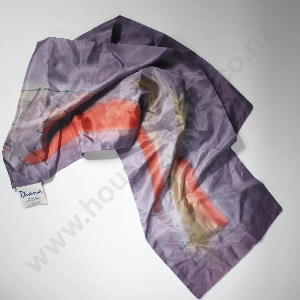 Diana of New Zealand Pure Silk Scarf w an Abstract Design in Purple, Orange & Red Tones Image 1++