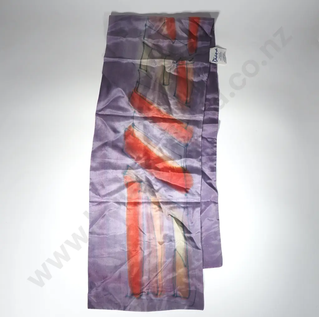 Diana of New Zealand Pure Silk Scarf w an Abstract Design in Purple, Orange & Red Tones Image 1++