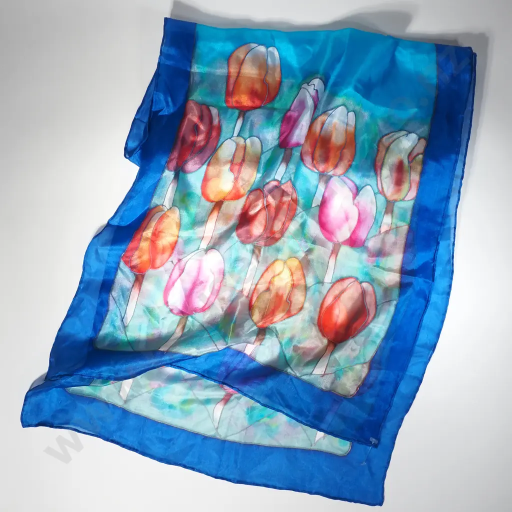 Hand Painted Silk Scarf w Tulips on a Vibrant Blue Ground Image 1++