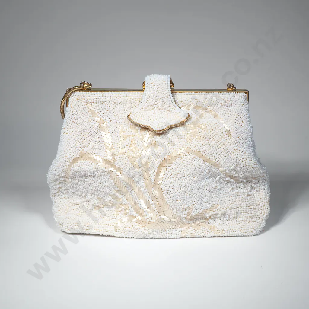 White Beaded Evening Bag & Chain, Made in Hong Kong, Circa 1960 Image 1++