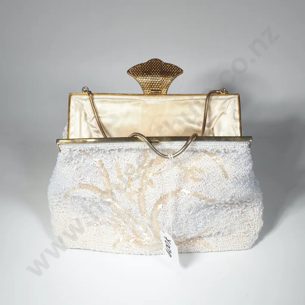 White Beaded Evening Bag & Chain, Made in Hong Kong, Circa 1960 Image 1++
