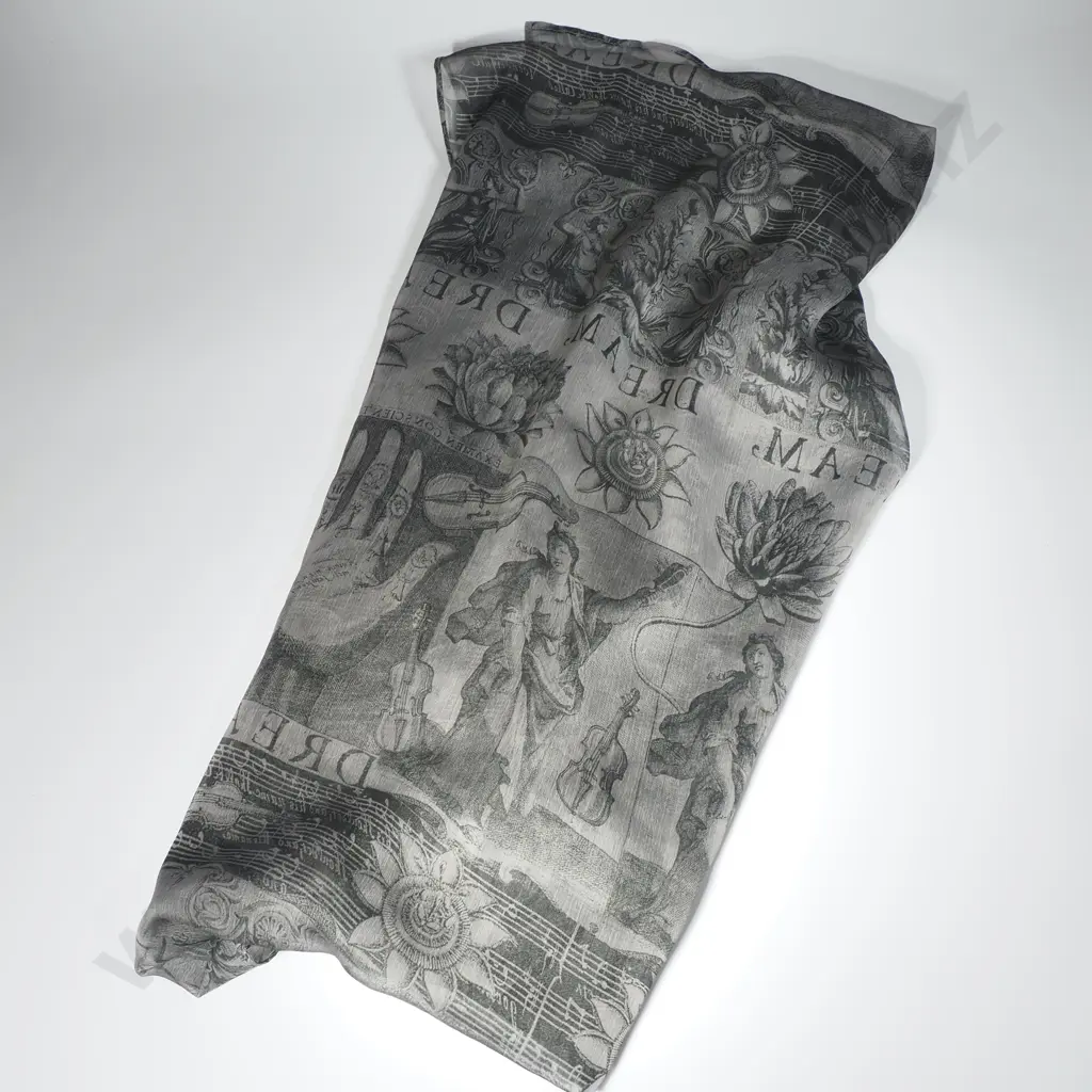 DNA New Zealand Made Scarf w Monochrome Toile Print of Classical Figures w Musical Instruments & Botanical Motifs Image 1++