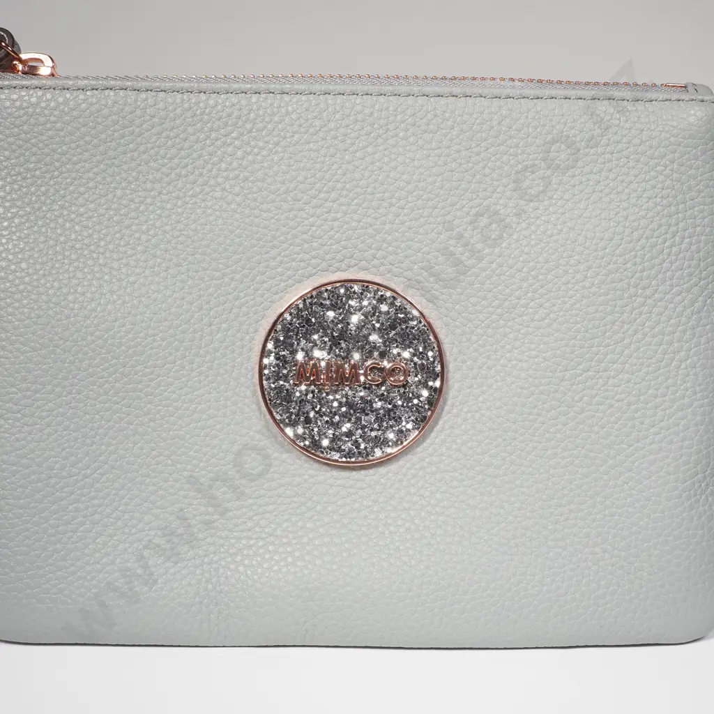 Mimco Bliss Leather Pouch w Rose Gold Toned Hardware w Signature "Sparks" Glitter Circular Badge Image 1++