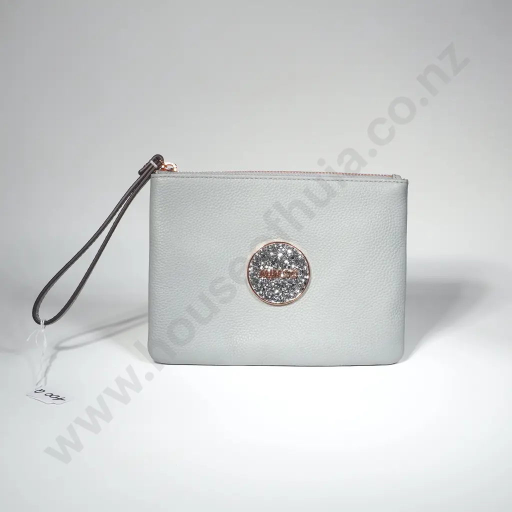 Mimco Bliss Leather Pouch w Rose Gold Toned Hardware w Signature "Sparks" Glitter Circular Badge Image 1++