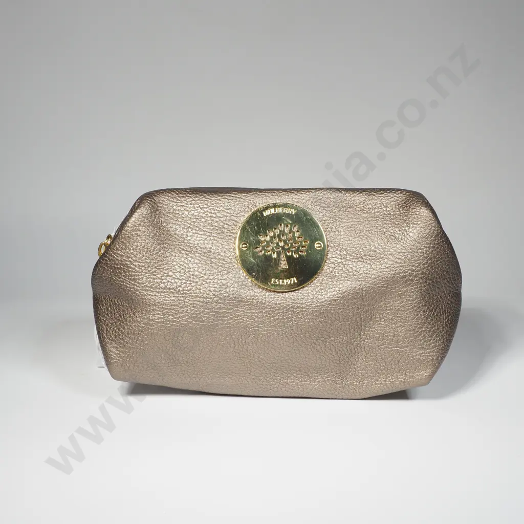 Mulberry Leather Cosmetic Bag in Metallic Bronze or Gold Finish w Tree Logo Plaque Image 1++