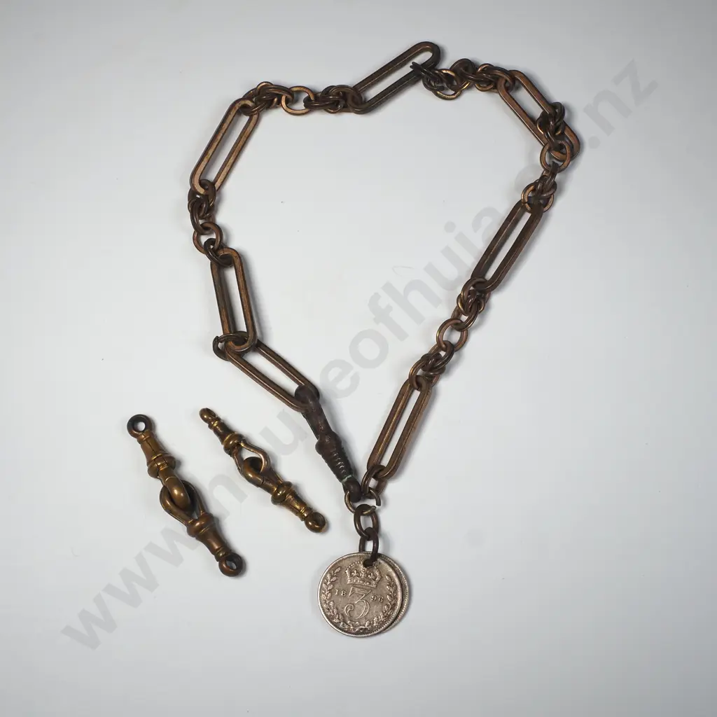 Antique Base Metal Fob Chain w Sterling Silver Threepence Coins & Sparer RG Dog Clips Image 1++