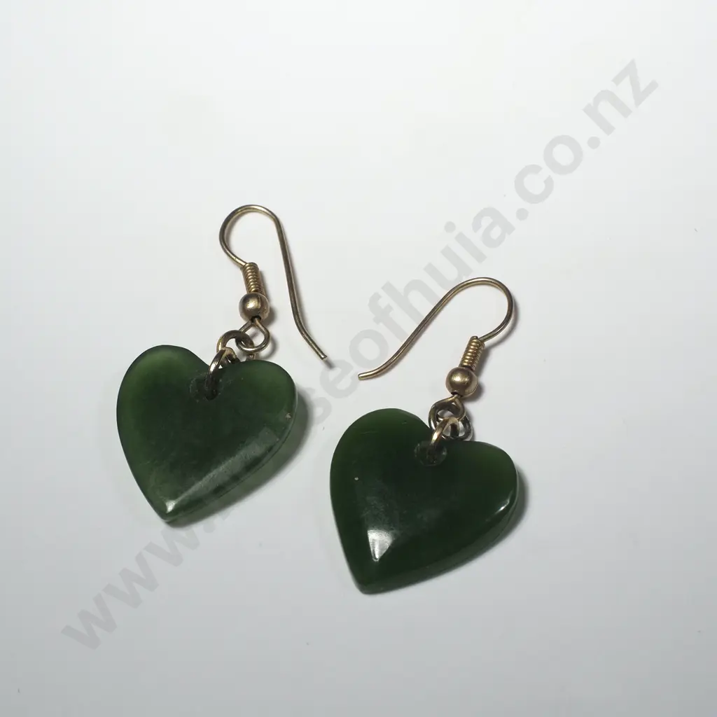 Carved Greenstone Heart Form Earrings Image 1++