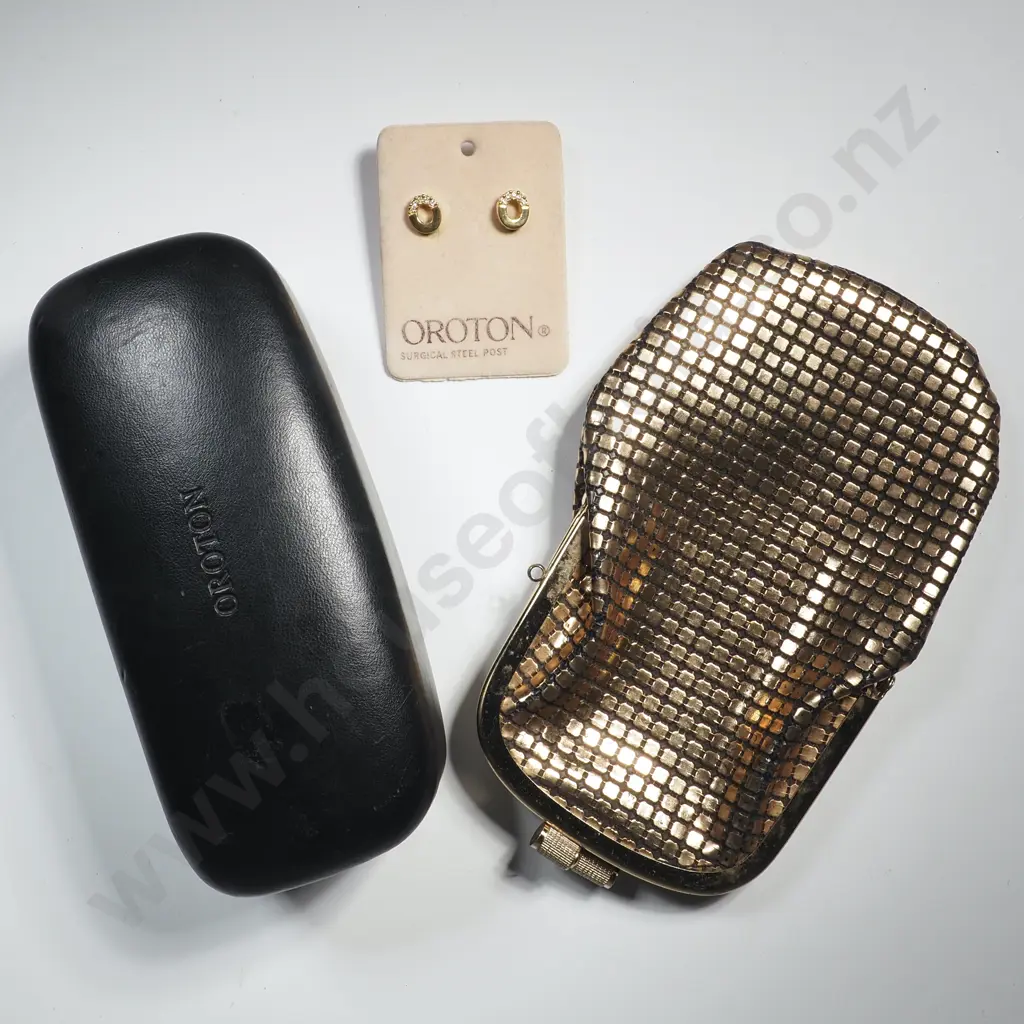 Gold Tone Italian Metallic Glasses Case & Pair of Oroton Earrings & an Oroton Glasses Case Image 1++