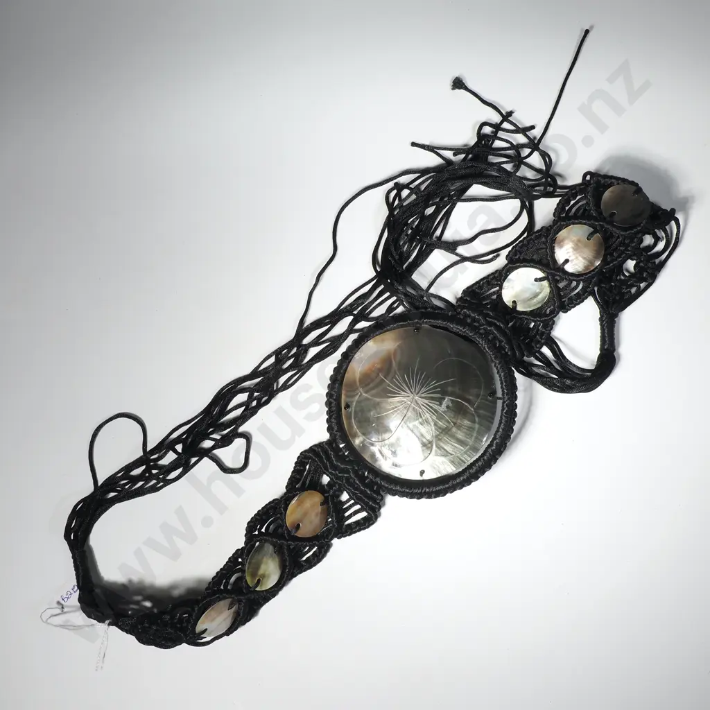 Bohemian Style Belt w Black Macrame w Mother of Pearl or Abalone Discs & Central Medallion Image 1++