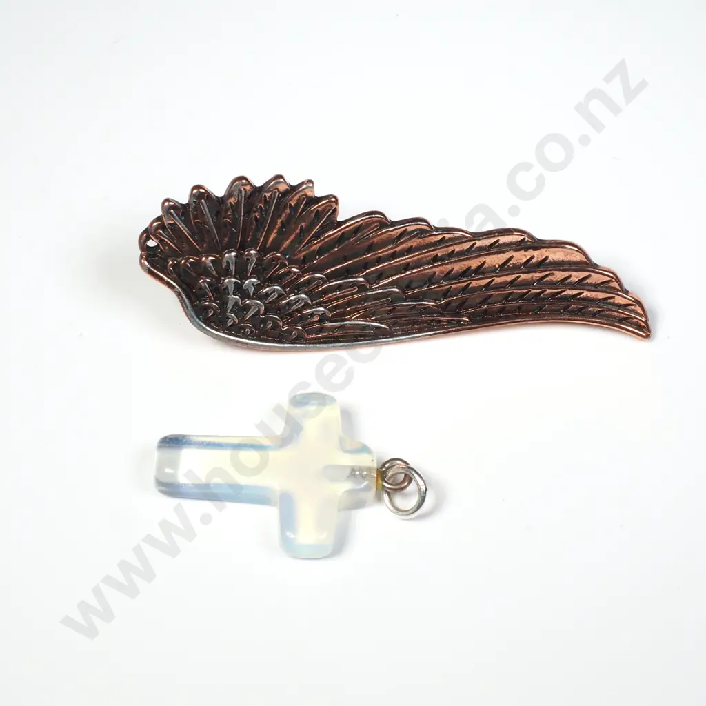 Copper Angel Wing Earring & Neodynium Glass Cross Pendant Image 1++