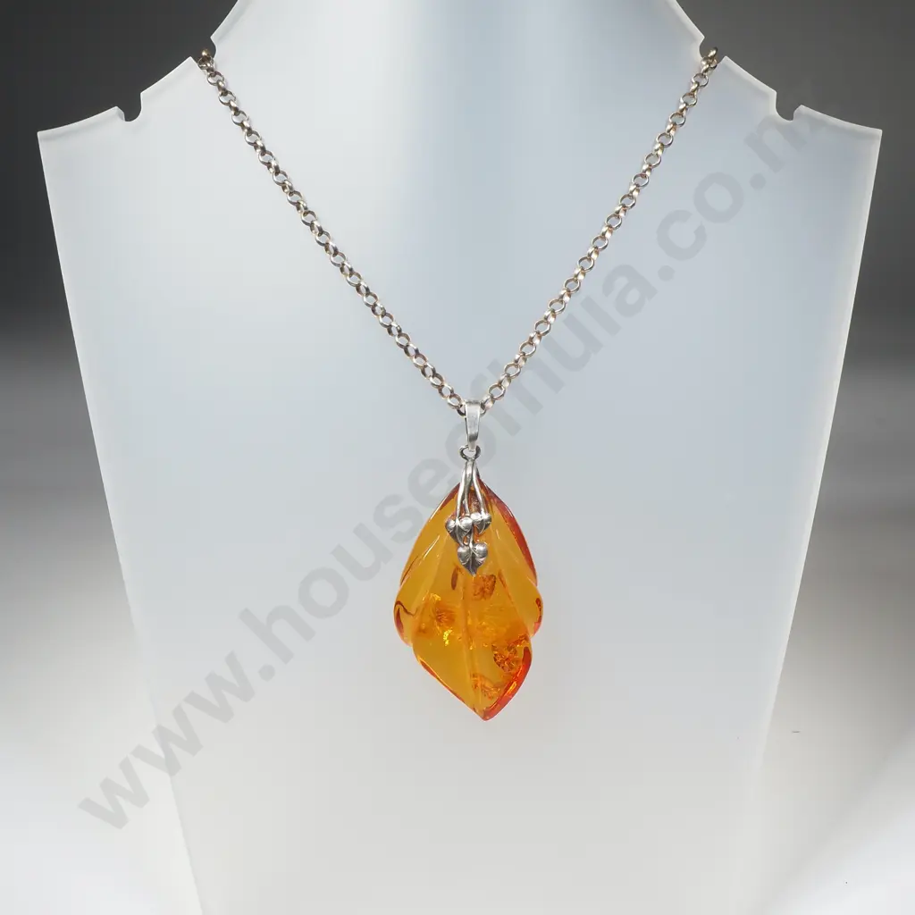 Vintage Amber Pendant on Sterling Silver Chain Image 1++