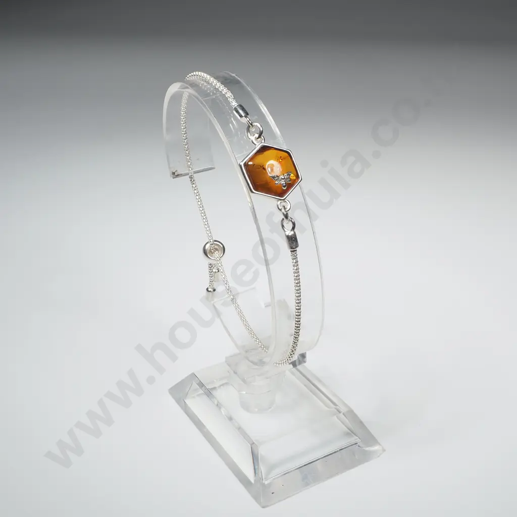 Sterling Silver Baltic Amber Bracelet w/ Small Bee Image 1++