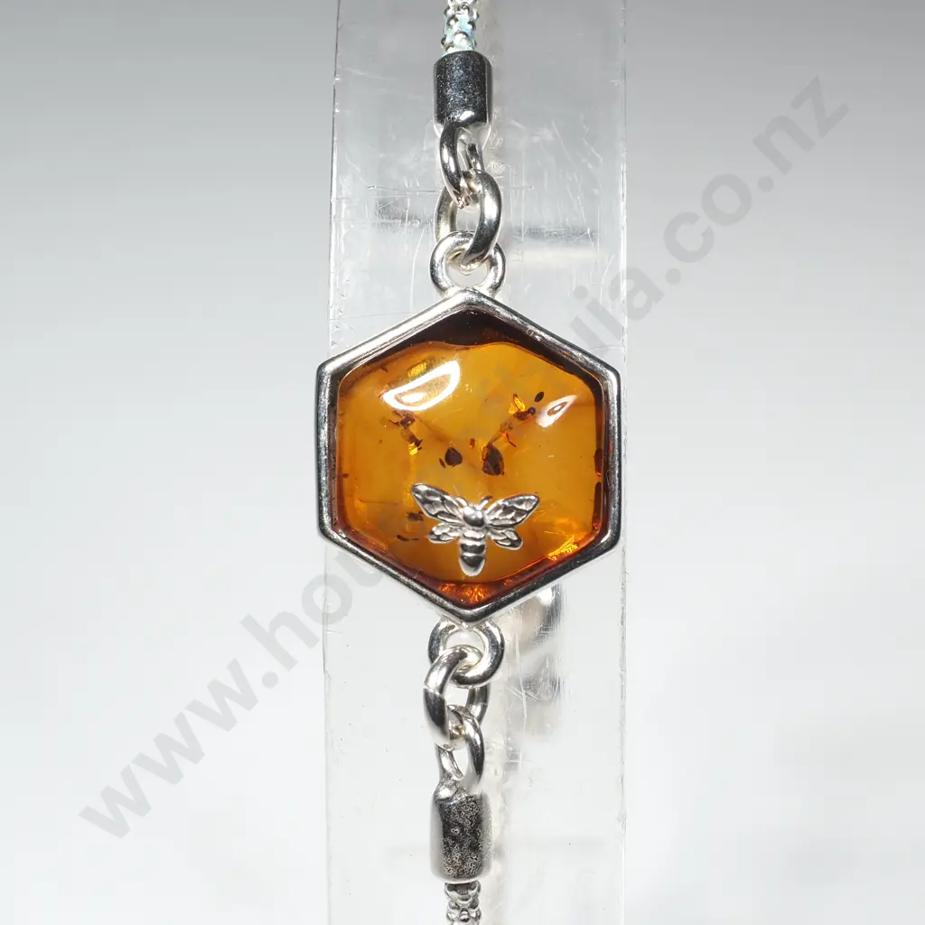 Sterling Silver Baltic Amber Bracelet w/ Small Bee Image 1++