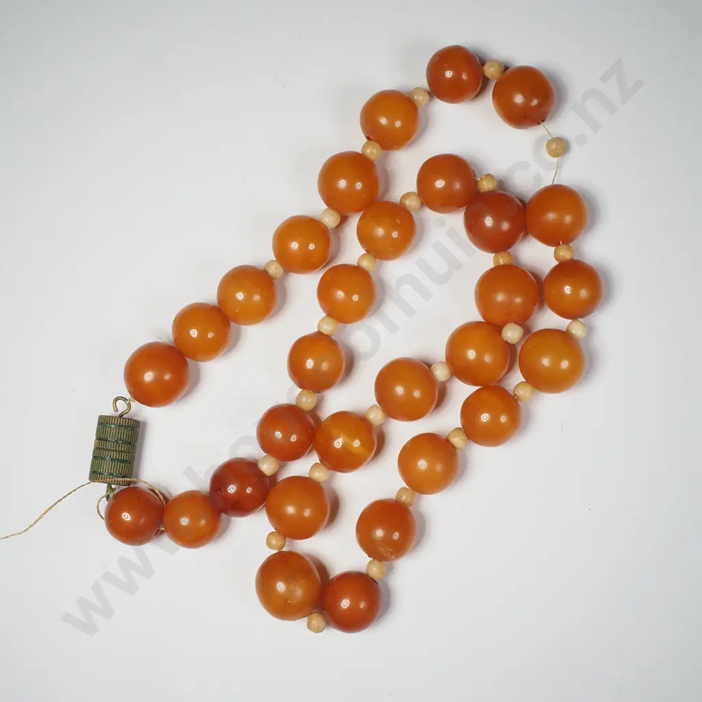 Vintage Butterscotch Amber Necklace Interspersed w Bone & w a Ribbed Metal Barrel Clasp Image 1++