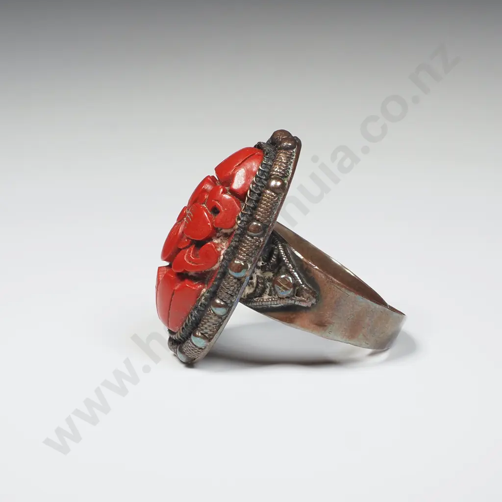 Cinnabar Lacquer Ring w Adjustable Flower Motif w Copper Adjustable Band, Marked China Image 1++