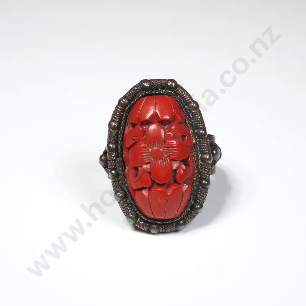 Cinnabar Lacquer Ring w Adjustable Flower Motif w Copper Adjustable Band, Marked China Image 1++