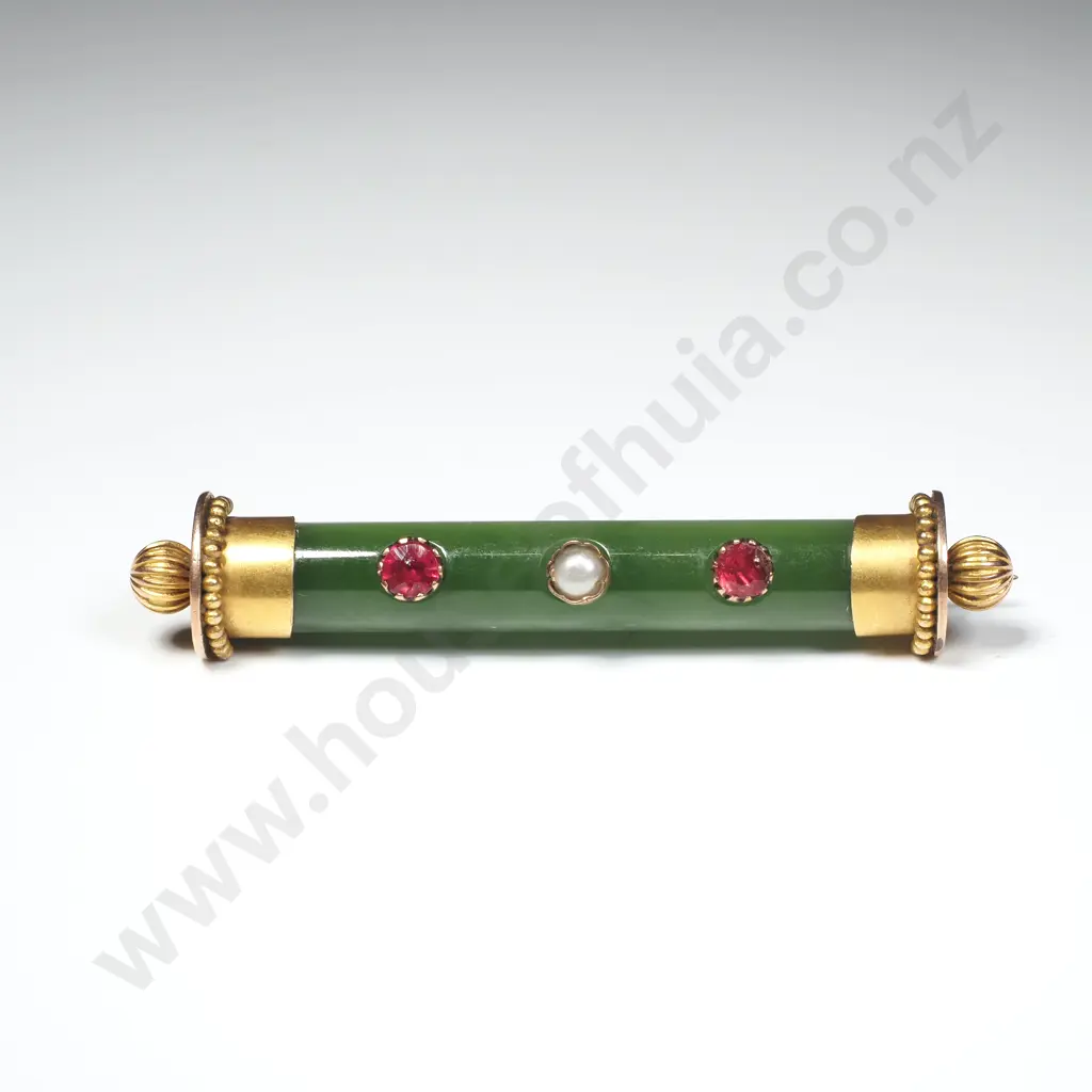 Colonial 9ct Gold Greenstone Bar Brooch w Seed Pearl & Garnets Image 1++