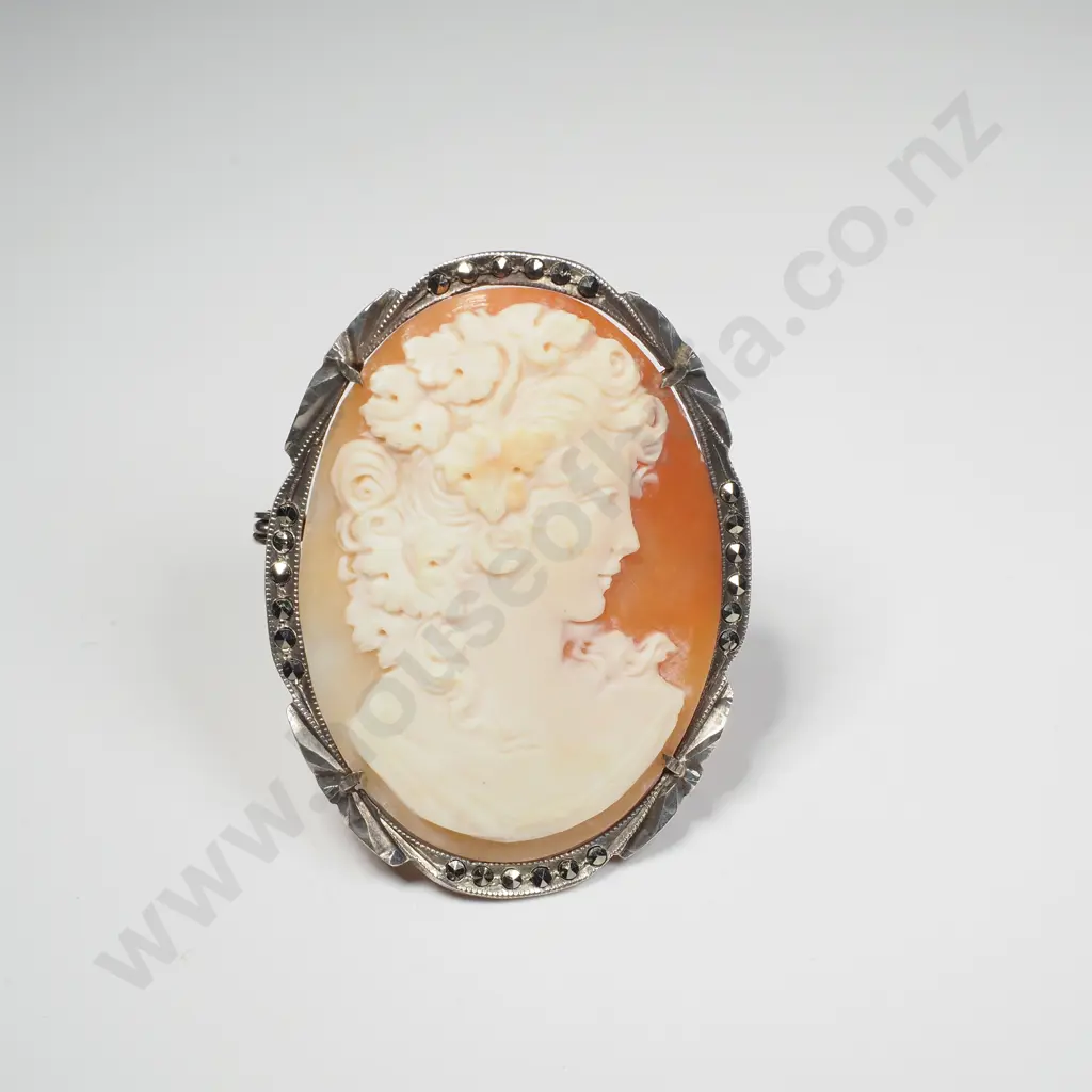 Victorian Mahogany Cameo Depicting Bacchante  w Marcasite Frame Image 1++