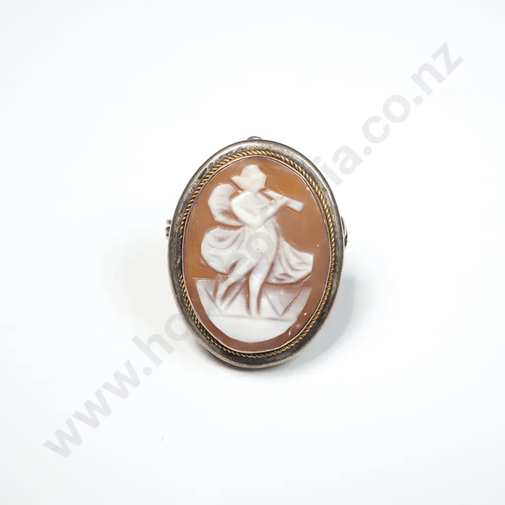 Oval Cameo Brooch/Locket in Silver Tone Frame depicting Greek Goddess of Fame - Pheme Image 1++