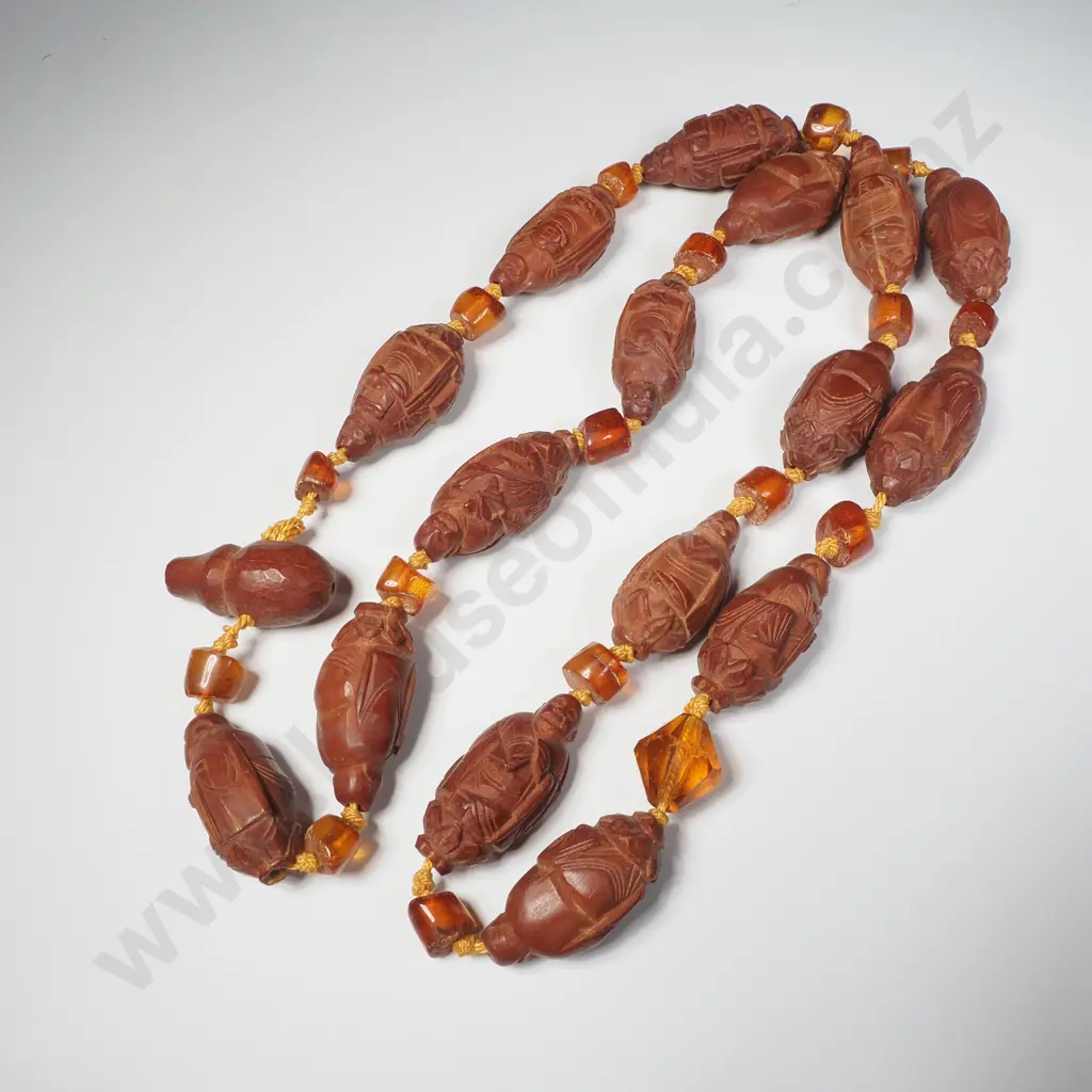 Oriental Carved Bead Necklace Interspersed With Amber Coloured Glass Beads Image 1++