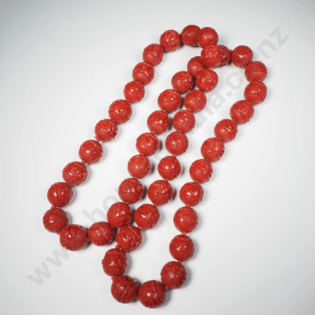 Cinnabar Lacquer Style  Carved Bead Necklace Image 1++