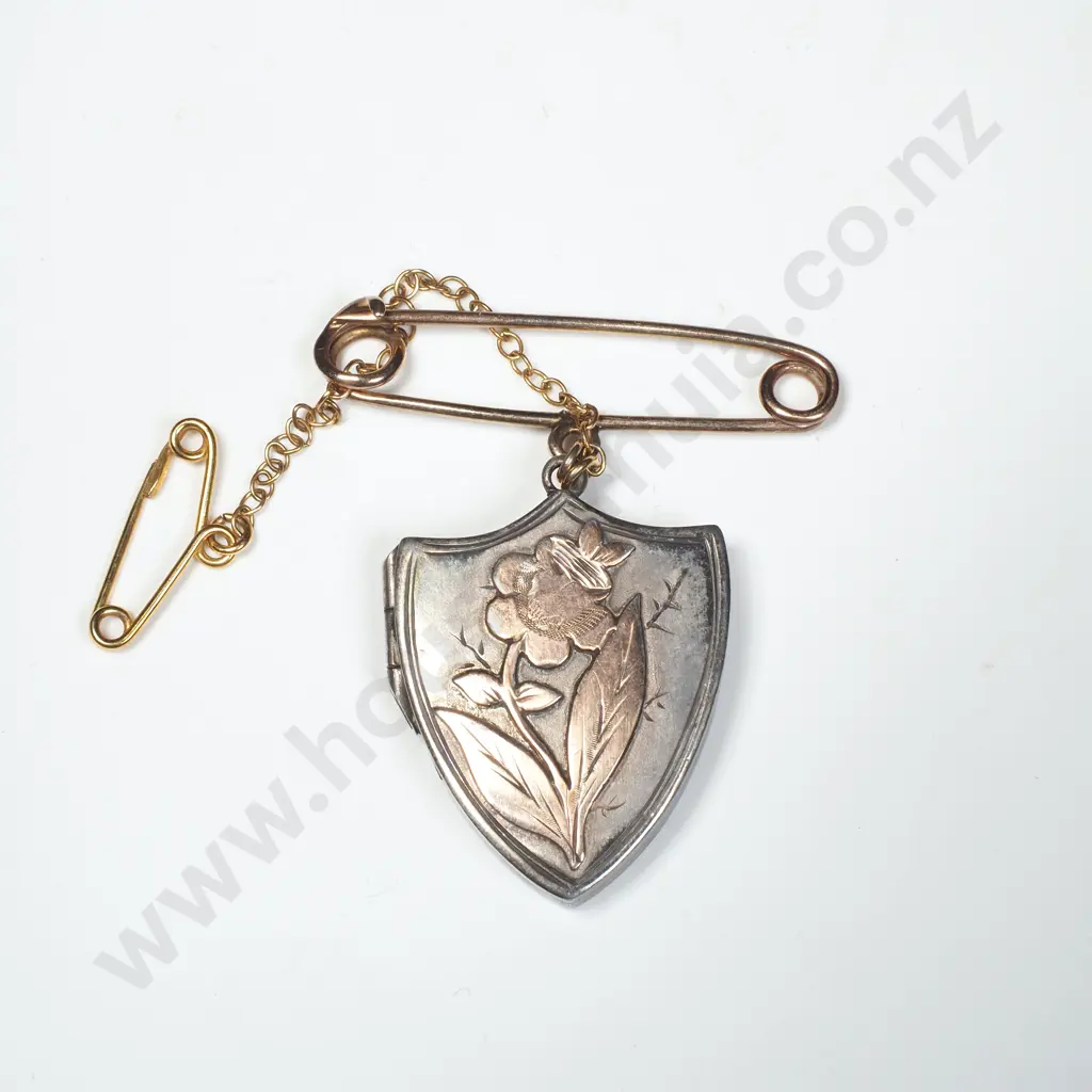 Sterling Silver Shield Shaped Locket w Applied Gold Daffodils Image 1++