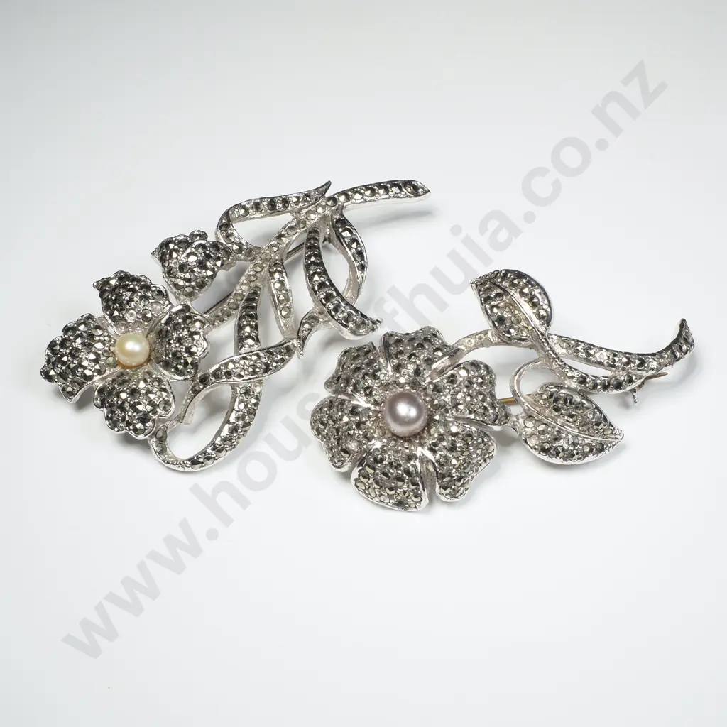 Two Floral Marcasite Floral Silver Tone? Brooches Image 1++