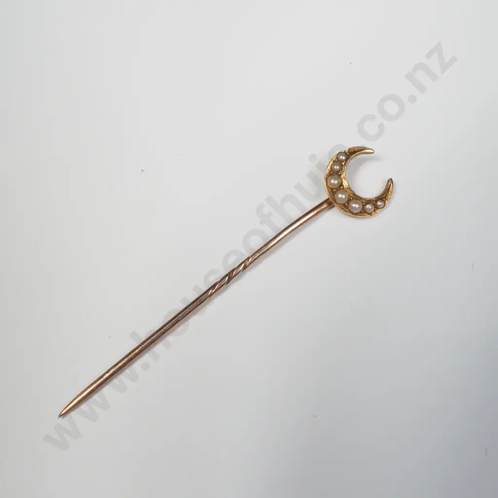 Gold Tone Stick Pin w Crescent Moon & Seed Pearls Image 1++