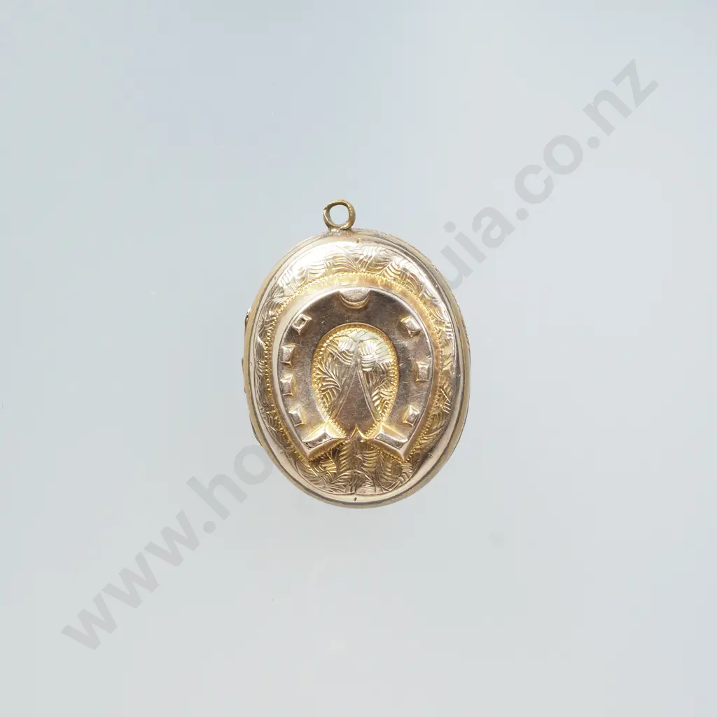 Victorian Gold Plate Locket w Applied Horseshoe & Shield  Decoration, Opens to Reveal Room for Two Photographs Image 1++