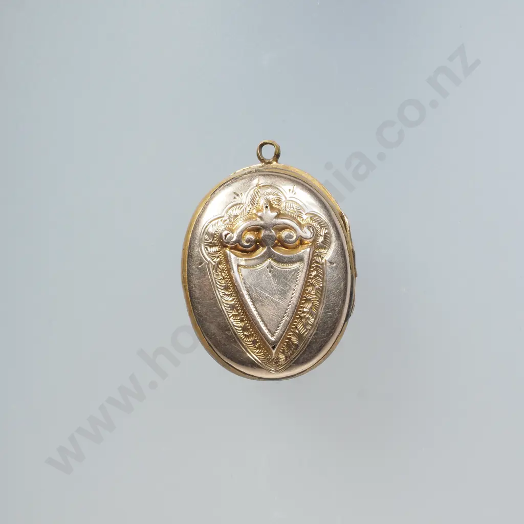 Victorian Gold Plate Locket w Applied Horseshoe & Shield  Decoration, Opens to Reveal Room for Two Photographs Image 1++