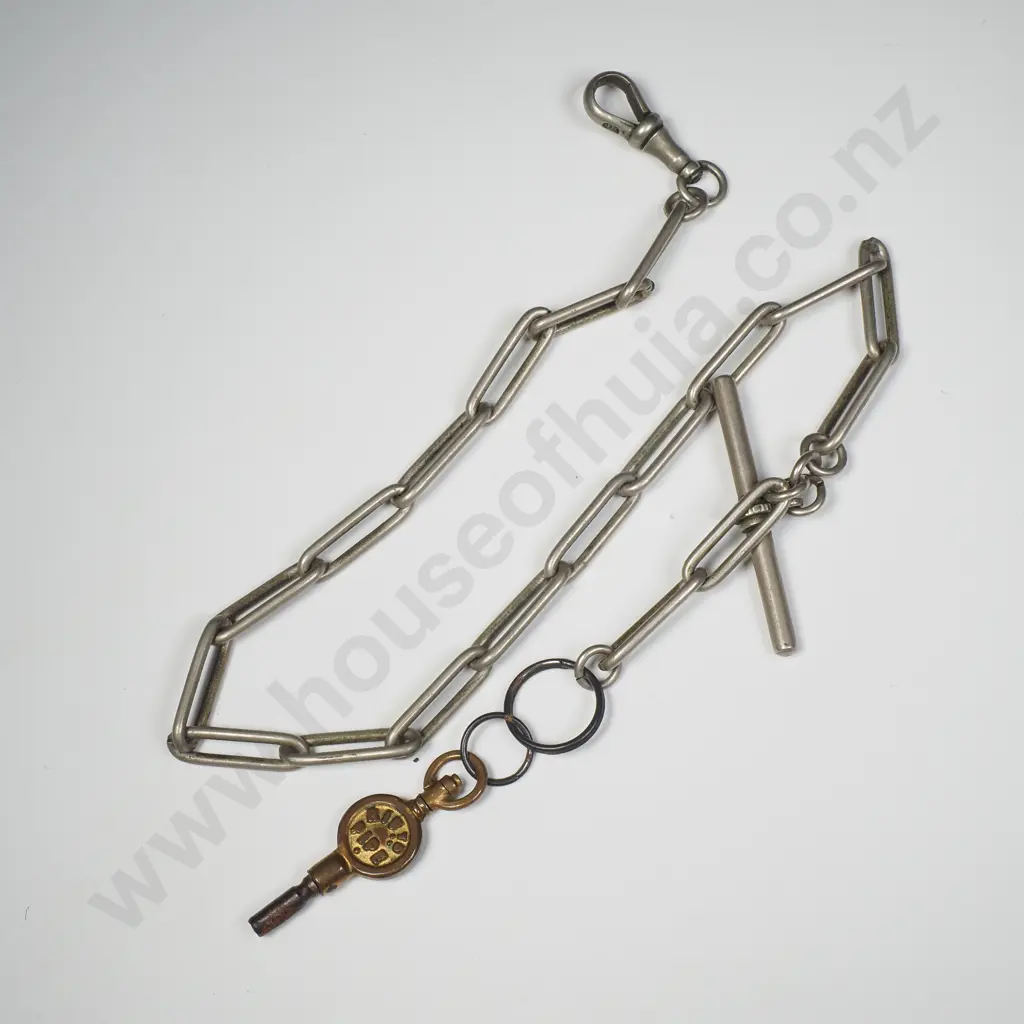Mexican Silver T-Bar Pocket Watch Chain w Watch Key Image 1++