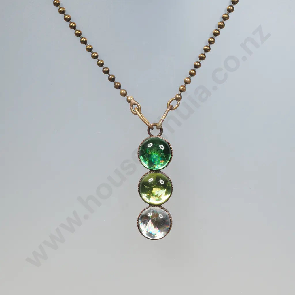 Pendant w Three Iridescent Glass Cabochons in Brass Settings & Brass Chain Image 1++