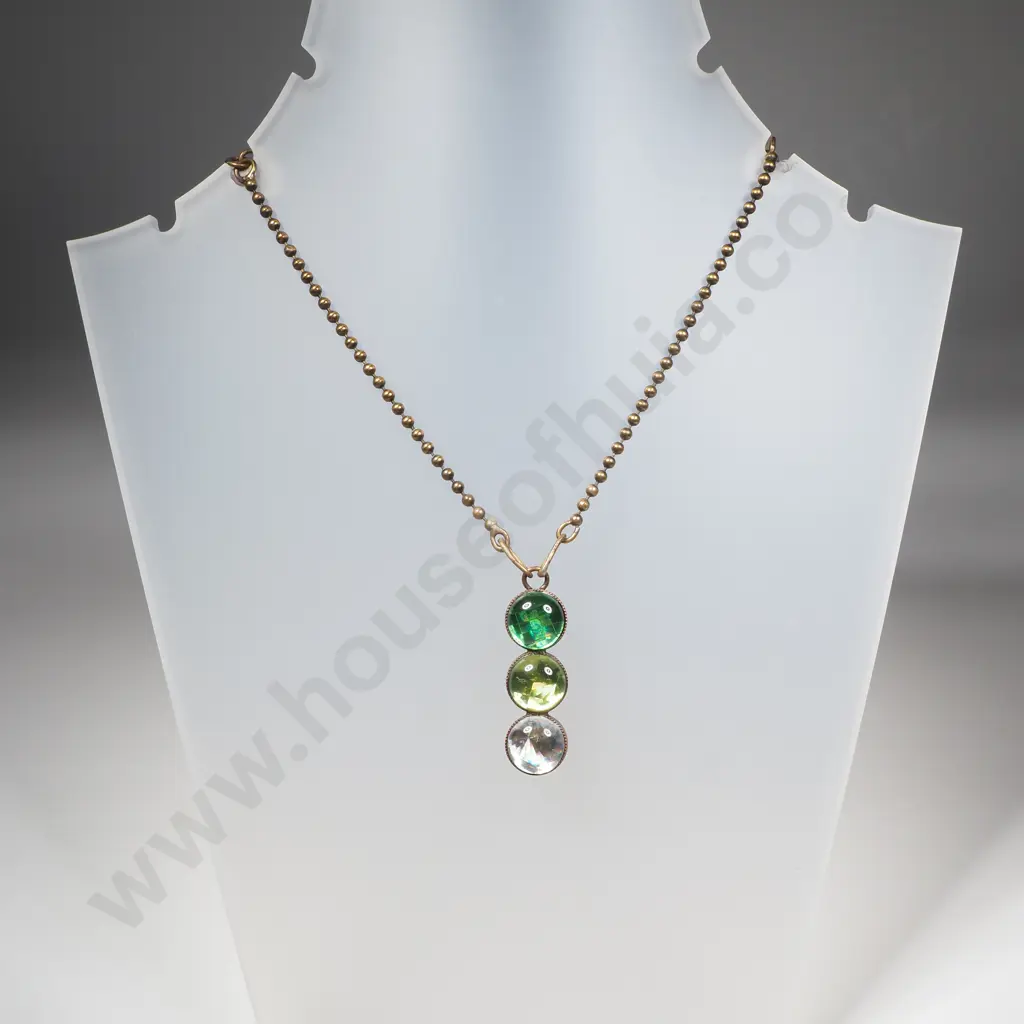Pendant w Three Iridescent Glass Cabochons in Brass Settings & Brass Chain Image 1++