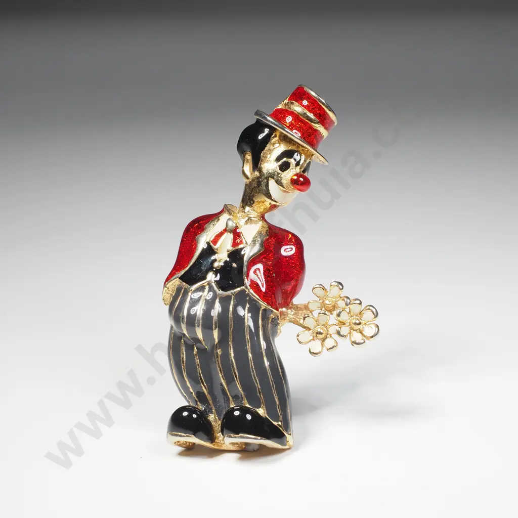 Large Enamel Brooch Featuring  A Clown With Flowers Image 1++