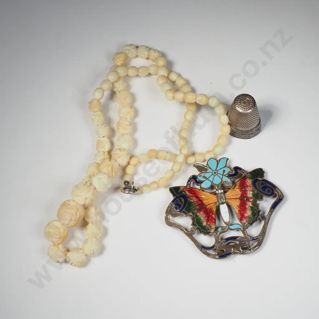 Carved Bead Necklace / Thimble / Brass Enamel Buckle Image 1++