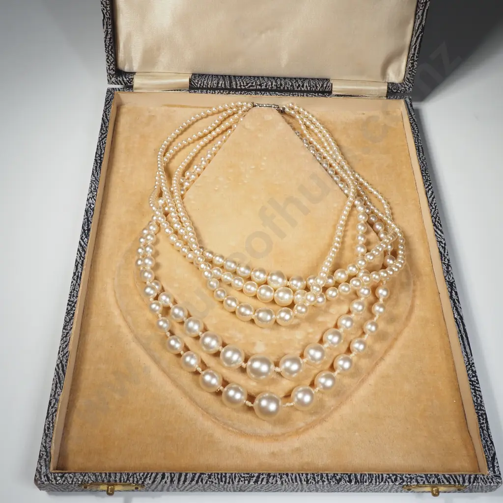 Two Faux Pearl Necklaces in Vintage Case Image 1++