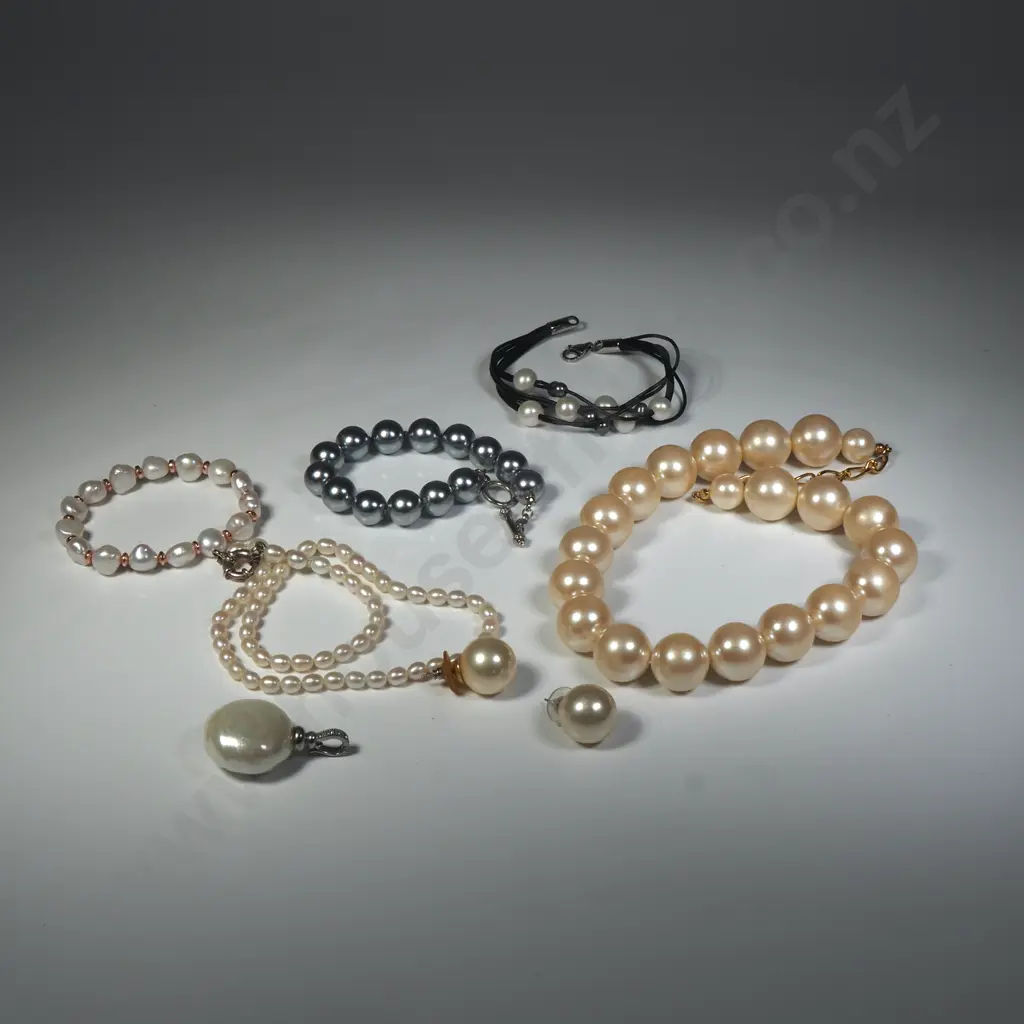 Faux Pearl Necklace And Grey Bead Bangle Image 1++