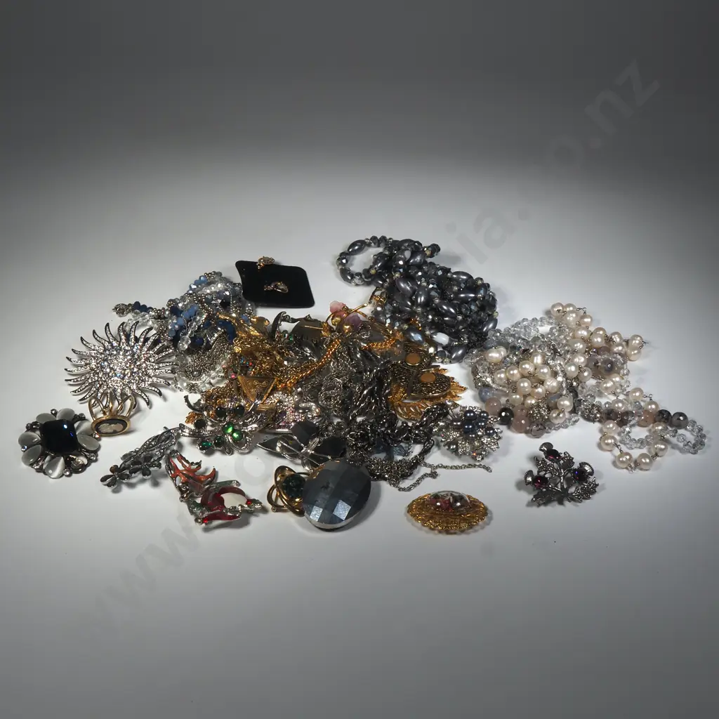 Large Bag Of Costume Jewellery Including Brooches Necklaces & Earrings Image 1++