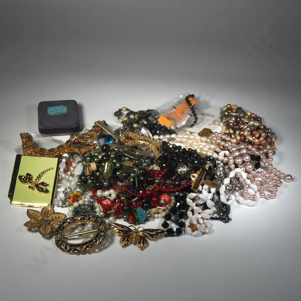 A Large Collection Of Costume Jewellery Including Faux Pearls Enamel Broaches & Note pad Image 1++