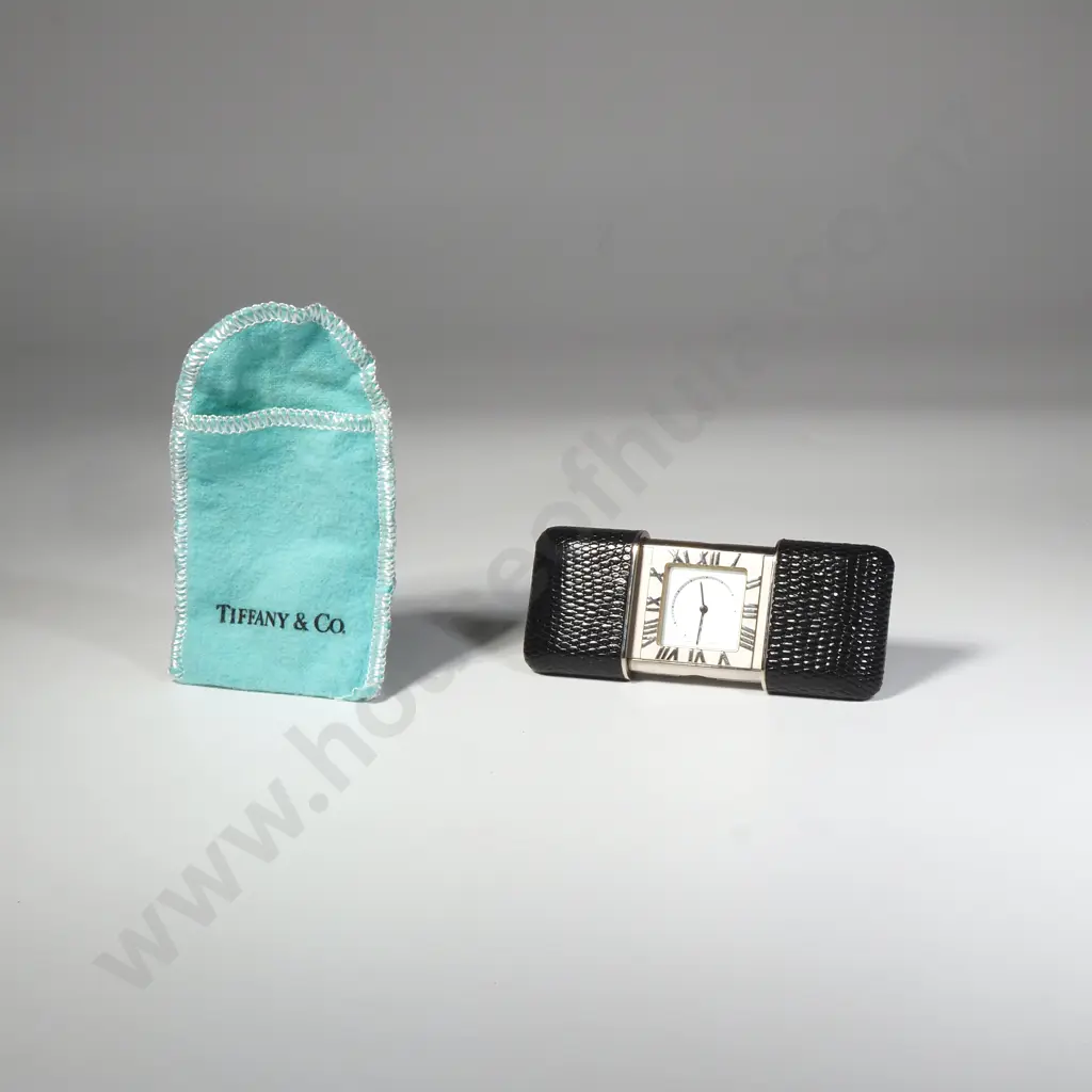 Vintage Tiffany & Co Atlas Travel Alarm Clock Housed in a Black Textured Sliding Leather Case Image 1++